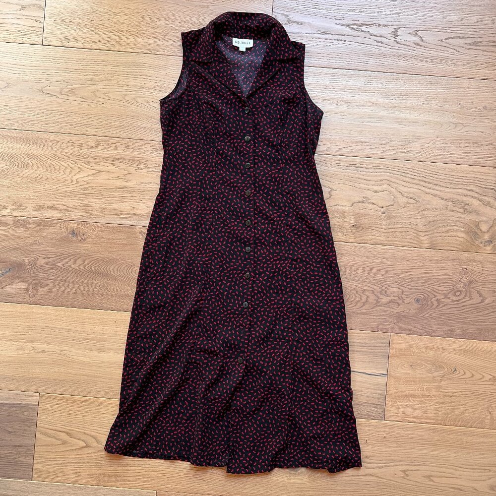 Vintage Black and Red Midi Dress Button front Collar size 10